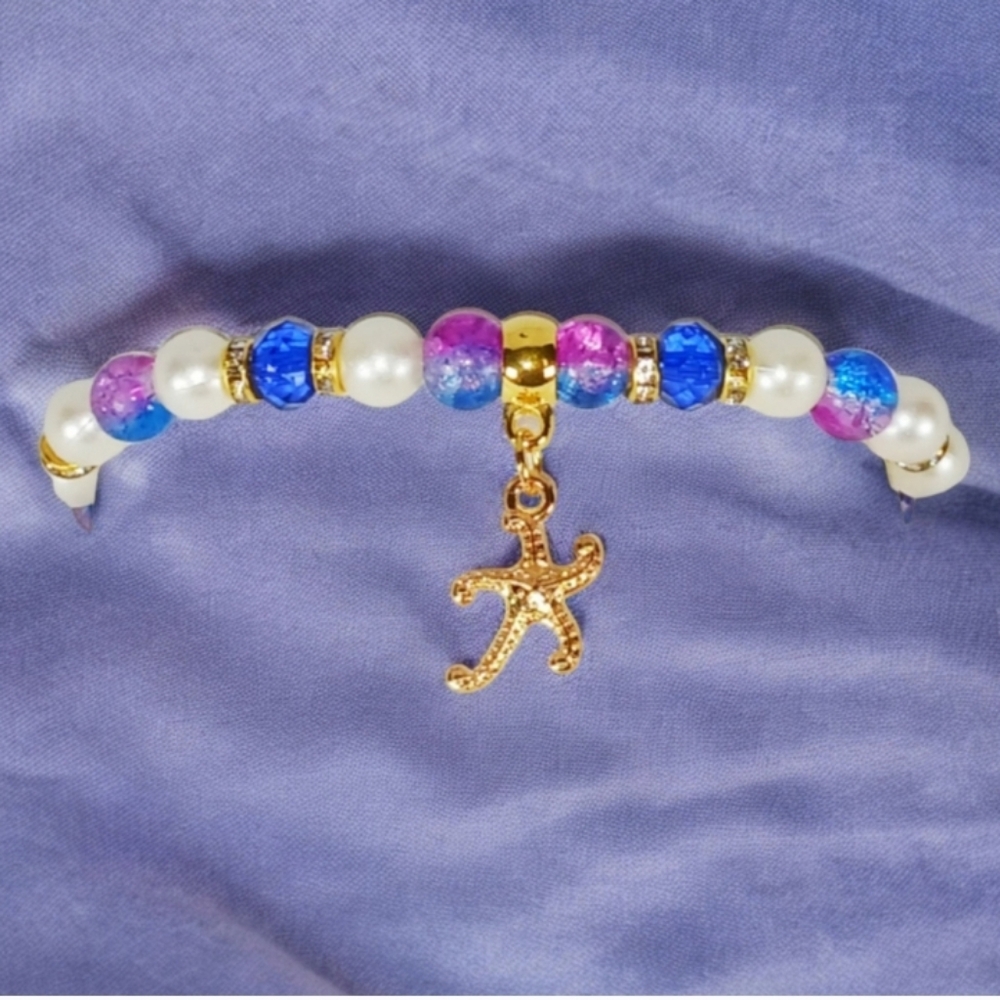 Purple Blue & Pearl Bracelet with Starfish Charm Y2K Mermaidcore Beachy Nautical
